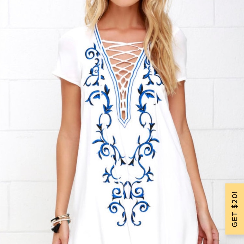 LULUS Down in Kokomo Ivory Embroidered Shift Dress